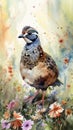 Endearing Baby Quail in a Colorful Flower Field for Art Prints and Greetings.