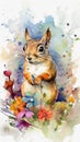 Endearing Baby Squirrel in a Colorful Flower Field for Art Prints and Greeting Cards.
