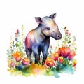 Endearing Baby Tapir in a Colorful Flower Field for Art Prints and Greetings.