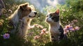 Endearing cat and cute dog in green garden among thick grass and flowers, basking in warmth