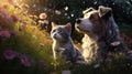 Endearing cat and cute dog in green garden among thick grass and flowers, basking in warmth