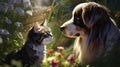 Endearing cat and cute dog in green garden among thick grass and flowers, basking in warmth