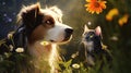 Endearing cat and cute dog in green garden among thick grass and flowers, basking in warmth