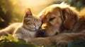 Endearing cat and cute dog lie side by side on sun drenched grass, basking in warmth and harmony