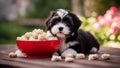 An endearing Havanese puppy dog lying in a red bowl surrounded by a - arrangement of dog food