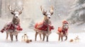 an endearing scene with three charming reindeer figurines, each wearing festive accessories