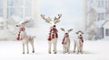 an endearing scene with three charming reindeer figurines, each wearing festive accessories