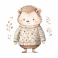 An endearing watercolor image of a hedgehog wearing a dotted sweater, exuding a gentle charm, surrounded by a scattering