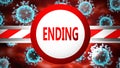 Ending and covid, pictured by word Ending and viruses to symbolize that Ending is related to coronavirus pandemic, 3d illustration