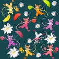 Endless background with cheerful colorful mice running among the daisies on a dark green background. Fabric print for baby