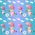 Endless Background With Cute Little Foxes And Kittens With Umbrellas On Gradient Blue Background. Vector Summer Design
