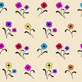 Simple floral seamless pattern with colorful flowers. Endless background with pansies, heartsease, love-in-idleness. Botanical