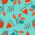 Endless background with slices of watermelon, strawberry and wild berries. Cartoon on a green background. Seamless Royalty Free Stock Photo