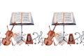 Endless banner with Violin, Music Stand, Sheet Music, Baton, Metronome, Treble and Bass Clef and Music Notes. Classical music Royalty Free Stock Photo