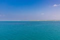 Endless blue sea and blue sky with luxury water villas in Maldives island beach. Wide angle view of