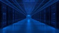 Endless blue server room corridor with racks of computers and glowing lights Royalty Free Stock Photo