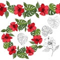 Endless brush and wreath of hand drawn and colored sketch of hibiscus flowers and monstera leaves.