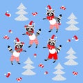 Endless christmas pattern with funny little raccoons and pines trees isolated on blue background in vector. Print for fabric