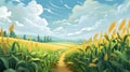 Endless corn field and sky with clouds., banner with space for your own content. Blurred background Royalty Free Stock Photo