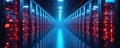 Endless corridor of server racks with glowing red lights. Blue ambient light illuminates data center. Digital information Royalty Free Stock Photo