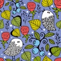Endless creative background with doodle birds with leaves and berries.