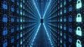 Endless data tunnel made of flowing encrypted particles displaying a stream of binary code flowing