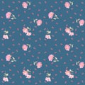 Endless ditsy floral pattern with gentle pink roses and red tiny tulips isolated on blue background in vector. Fashionable print Royalty Free Stock Photo