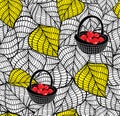 Endless doodle background with autumn leaves and baskets of fresh berries. Royalty Free Stock Photo