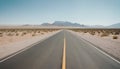 Empty asphalt road surrounded by desert leading to a mountain. Mid-day, overhead sunlight. Generative AI Royalty Free Stock Photo