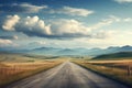 An endless empty road cutting through a vast field, extending towards the distant horizon, Long highway road landscape in a rural Royalty Free Stock Photo