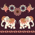 Endless exotic pattern with cute cartoon indian elephant, ornamental paisley frame and flower mandala.