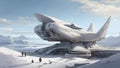 on endless expanses of the arctic landscape, covered with snow, a white spaceship is parked