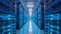 Futuristic Data Center Hallway with Blue Server Racks and Glowing Lights Royalty Free Stock Photo