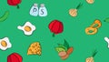 Endless green seamless pattern of delicious food and snack items icons set for restaurant bar cafe: eggs, nuts, pepper and salt,