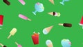 Endless green seamless pattern of delicious food and snack items icons set for restaurant bar cafe: ice cream, chicken, soda. The