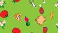 Endless green seamless pattern from a set of icons of delicious food and snacks items for a restaurant bar cafe: pizza, meat, ham