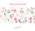 Endless horizontal border with festive painted eggs, stylized flowers and pretty birds. Endless border for your design