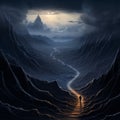 Endless Journey: A Shadowy Figure Walks Along a Serpentine Path Carved into the Mountainside