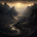 Endless Journey: A Shadowy Figure Walks Along a Serpentine Path Carved into the Mountainside
