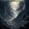 Endless Journey: A Shadowy Figure Walks Along a Serpentine Path Carved into the Mountainside