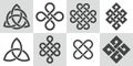 Endless knot. Set of cultural symbols of buddhism. Collection of sacred celtic patterns with intertwined knots. Medieval