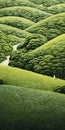 Endless Lawn: A Serene Painting Of Green Hills And A Lone Wanderer