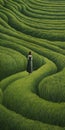 Endless Lawn: A Woman Walking In An Abstract Green Field