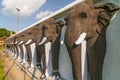An endless line of carved elephants protect the Ruwanwelisaya Stupa in the sacred city of Anuradhapura in Sri Lanka