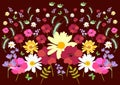 Endless meadow pattern with marigold, poppy, daisy, bell flowers,butterflies and birds on dark background in vector.