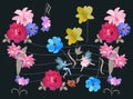 Endless musical illustration with chords and notes in the form of garden flowers, musical staff and small winged fairy and elf