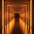 Endless Orange Lit Corridor with Vertical Lights and Mirrored Floor hallway interior Royalty Free Stock Photo