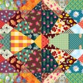 Endless patchwork pattern with cute birds, houses, flowers, mushrooms, leaves and abstract prints.