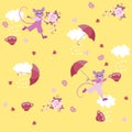 Endless pattern with adorable mice, tea cups, umbrellas, clouds, cakes, hearts and rose flowers on light yellow background.