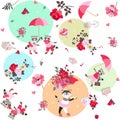 Endless pattern for children with cute raccons and little kitten, garden flowers and leaves in vector. Print for fabric Royalty Free Stock Photo